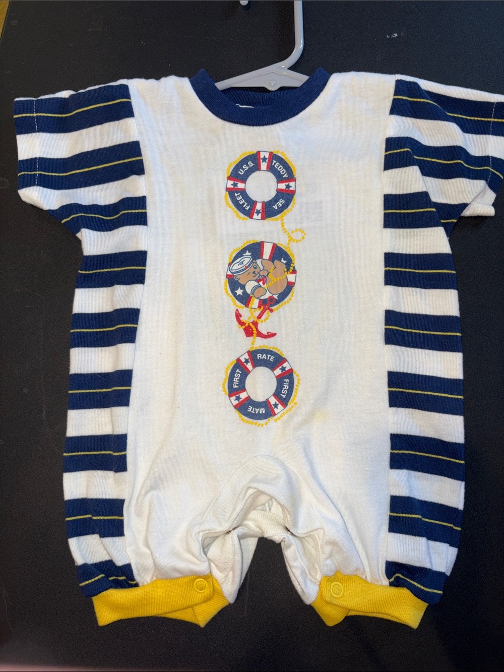 Vintage OshKosh 80’s Navy & White Striped Baby One-Piece Romper. Box YY